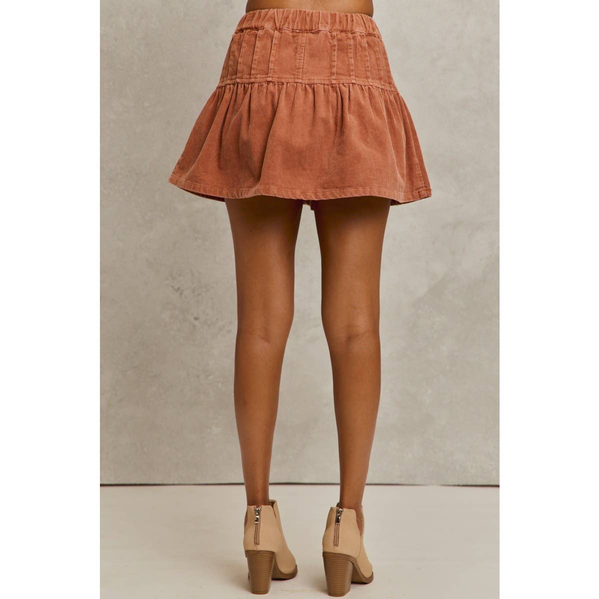 MINERAL WASH PINTUCKED CORDUROY MINI FLARED SKIRT