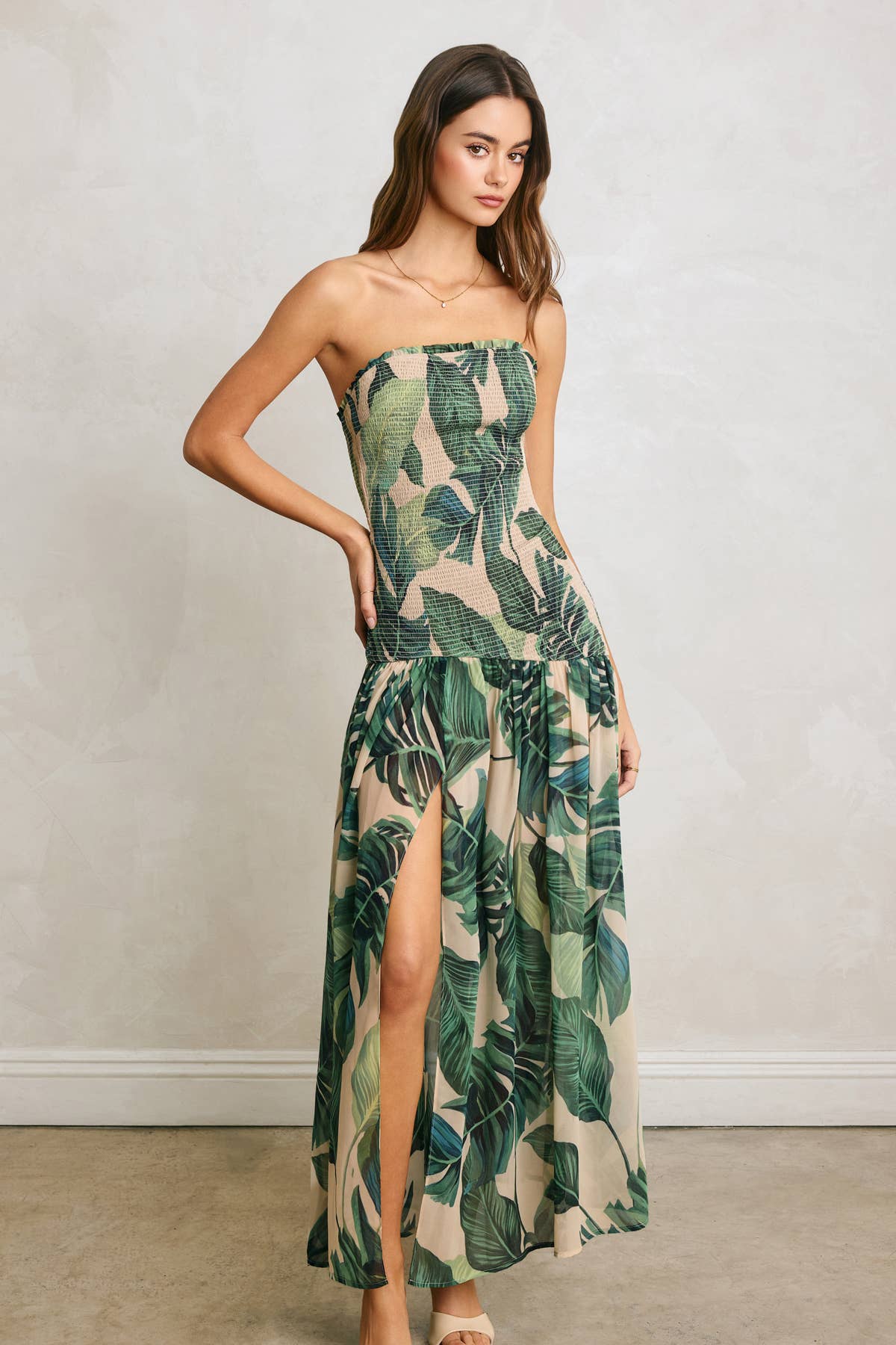 Hidden Oasis Strapless Drop Waist Smocked Dress RESORT PALM / small