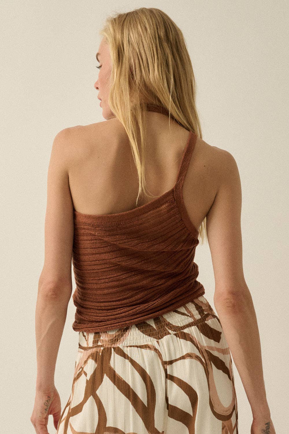 Ladder-Knit Asymmetrical Halter Tank Top