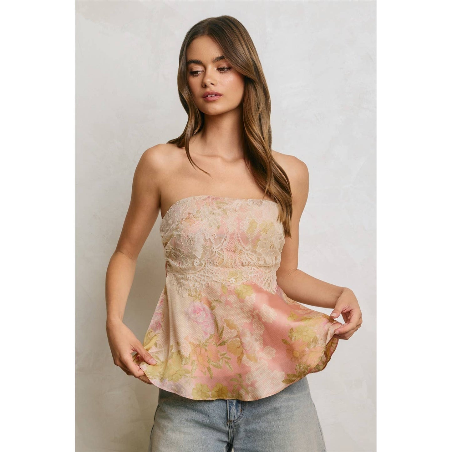Meadow Romance Strapless Lace Flared Top