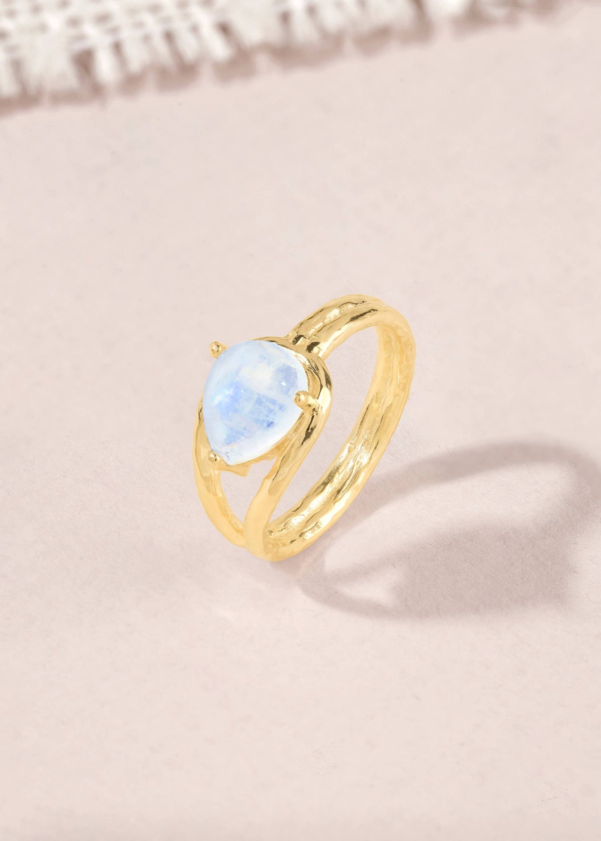 Gold Plated Moonstone Hammered Split-Shank Artisan Ring