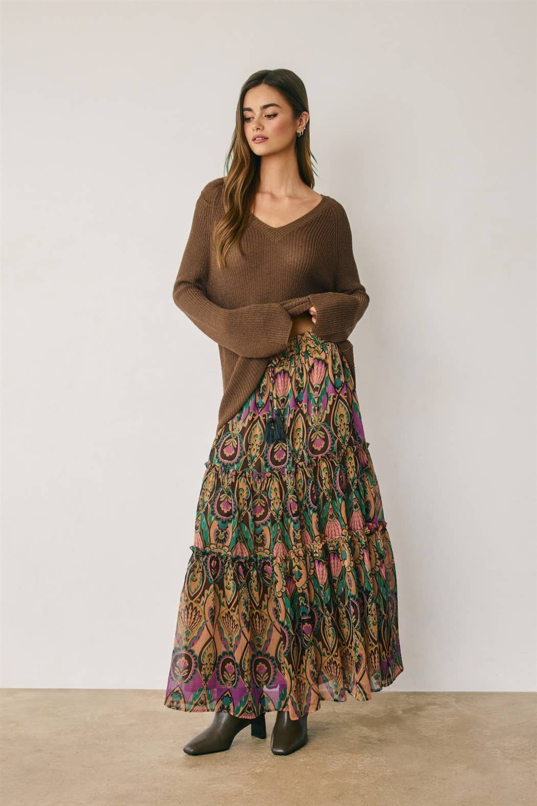 Boho Print Tiered Maxi Skirt