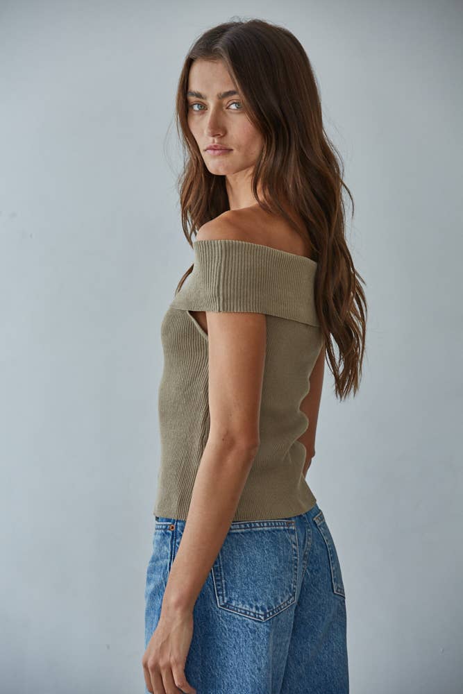 Knit Sweater Ribbed Fold Over Off The Shoulder Top