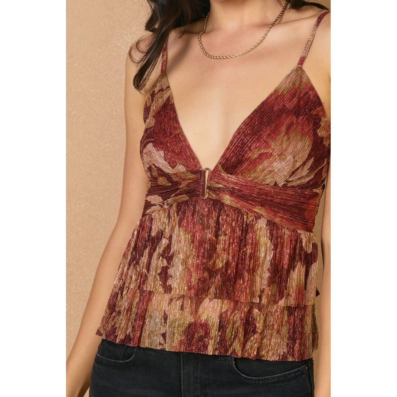 Night Rhythm Deep V-neck Pleated Top