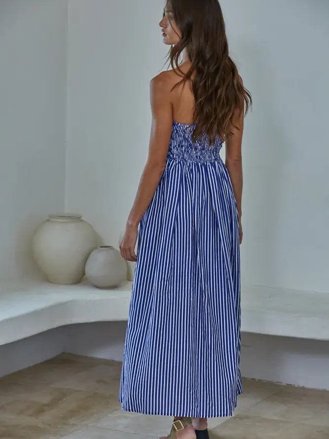 Striped Strapless Flare Maxi Dress