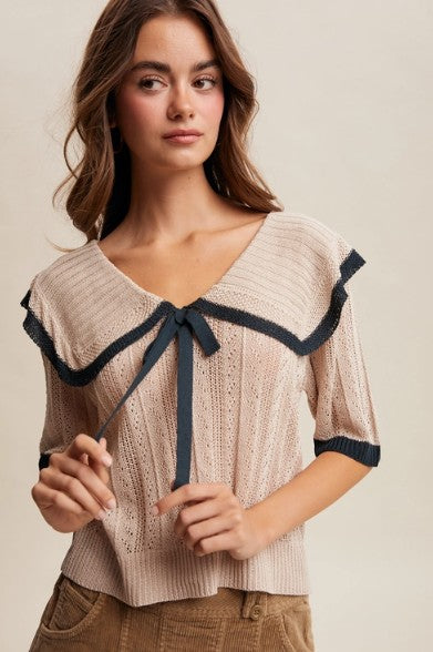 Pointelle Oatmeal & Black summer sweater