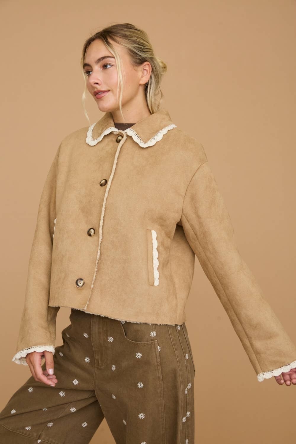 Lace Trim Faux Suede Sherpa Button Front Jacket