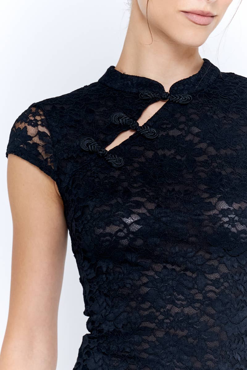 Lace Mandarin Collar Frog Closure Cap Sleeve Crop Top