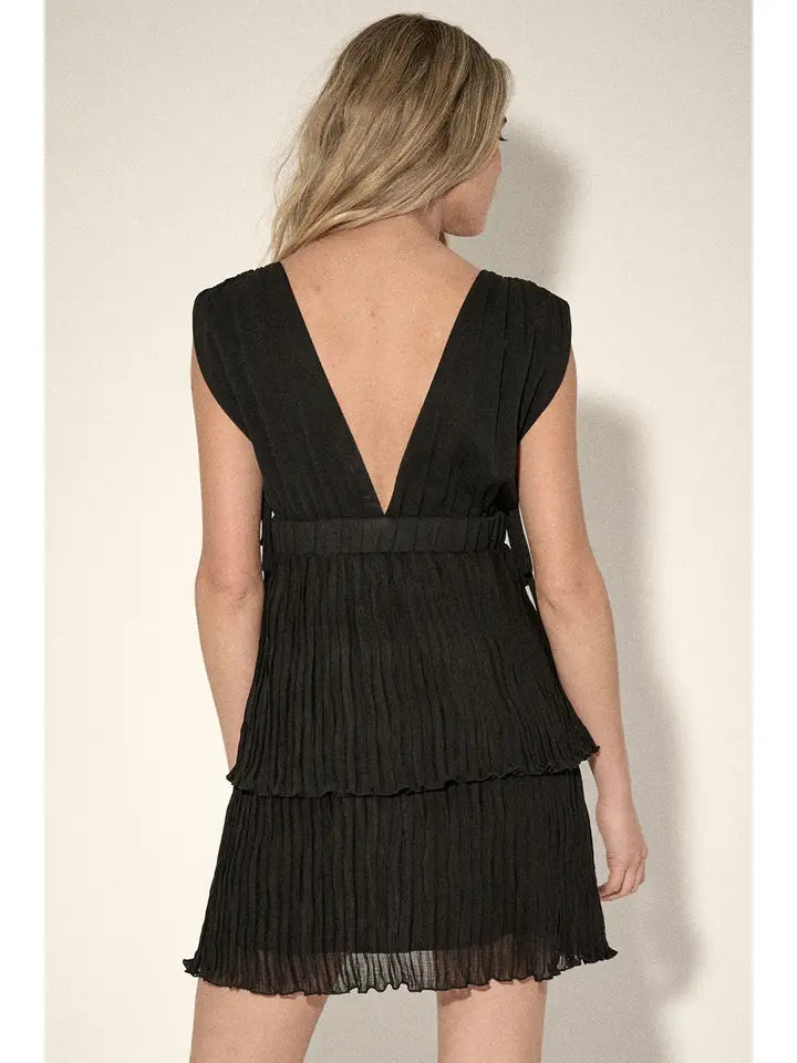 Pleated Chiffon V-Neck Mini Dress