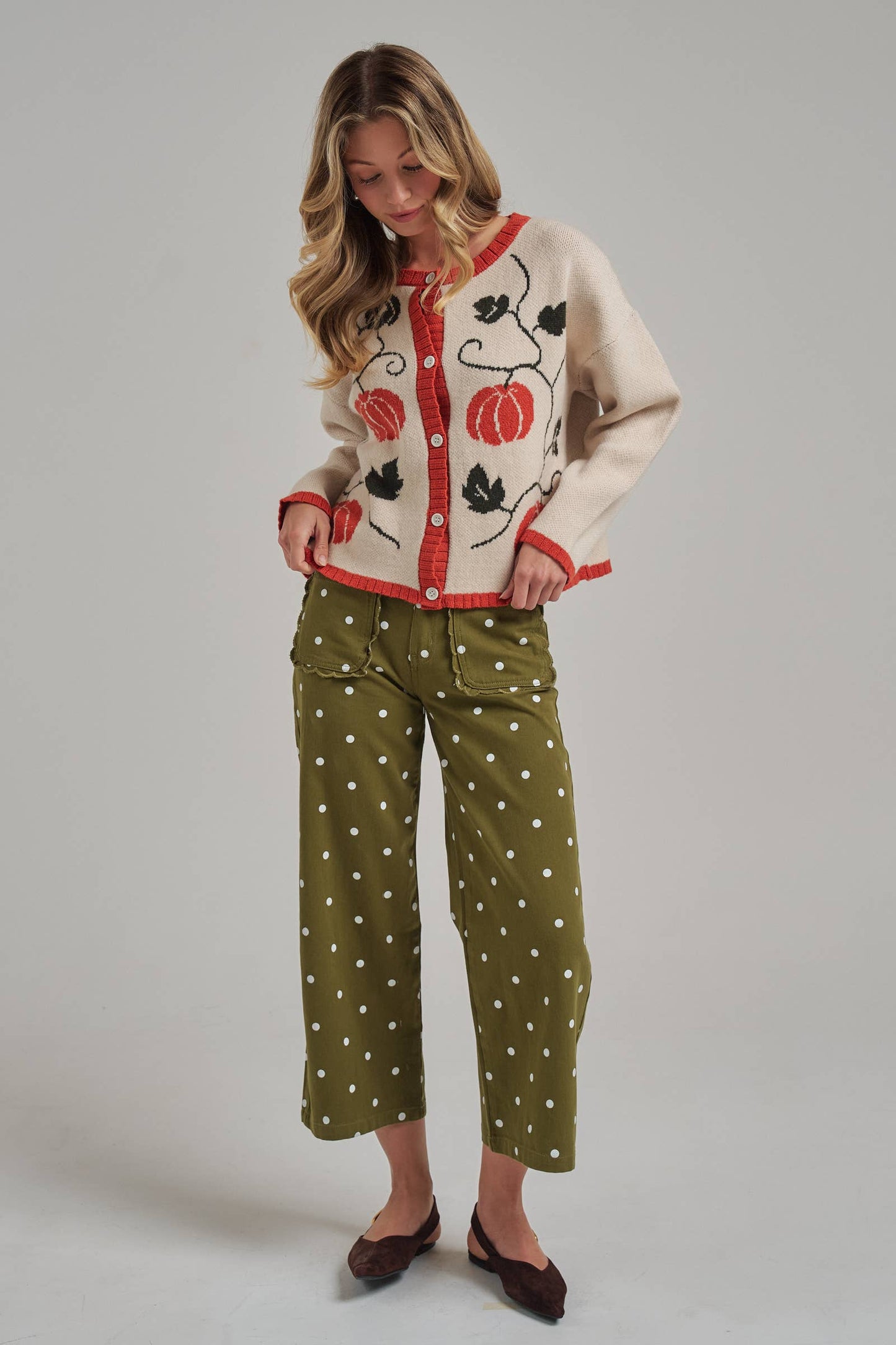 WIDE LEG POLKA DOT TWILL PANTS SCALLOP POCKET