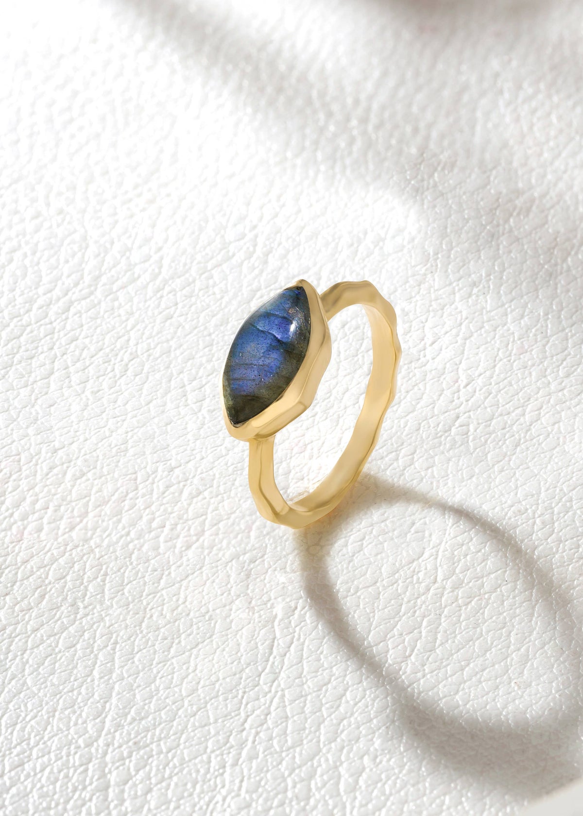 Gold Plated 925 Silver Marquise Labradorite Textured Ring