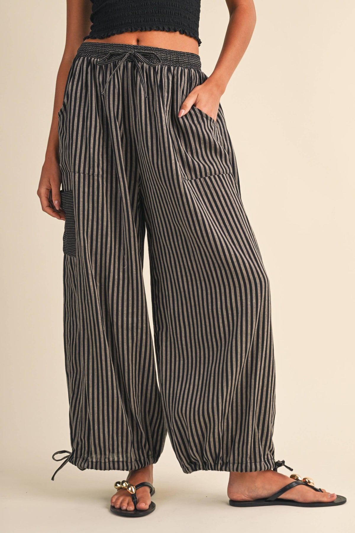 STRIPED DOUBLE GAUZE CONTRAST POCKET BALLOON PANTS