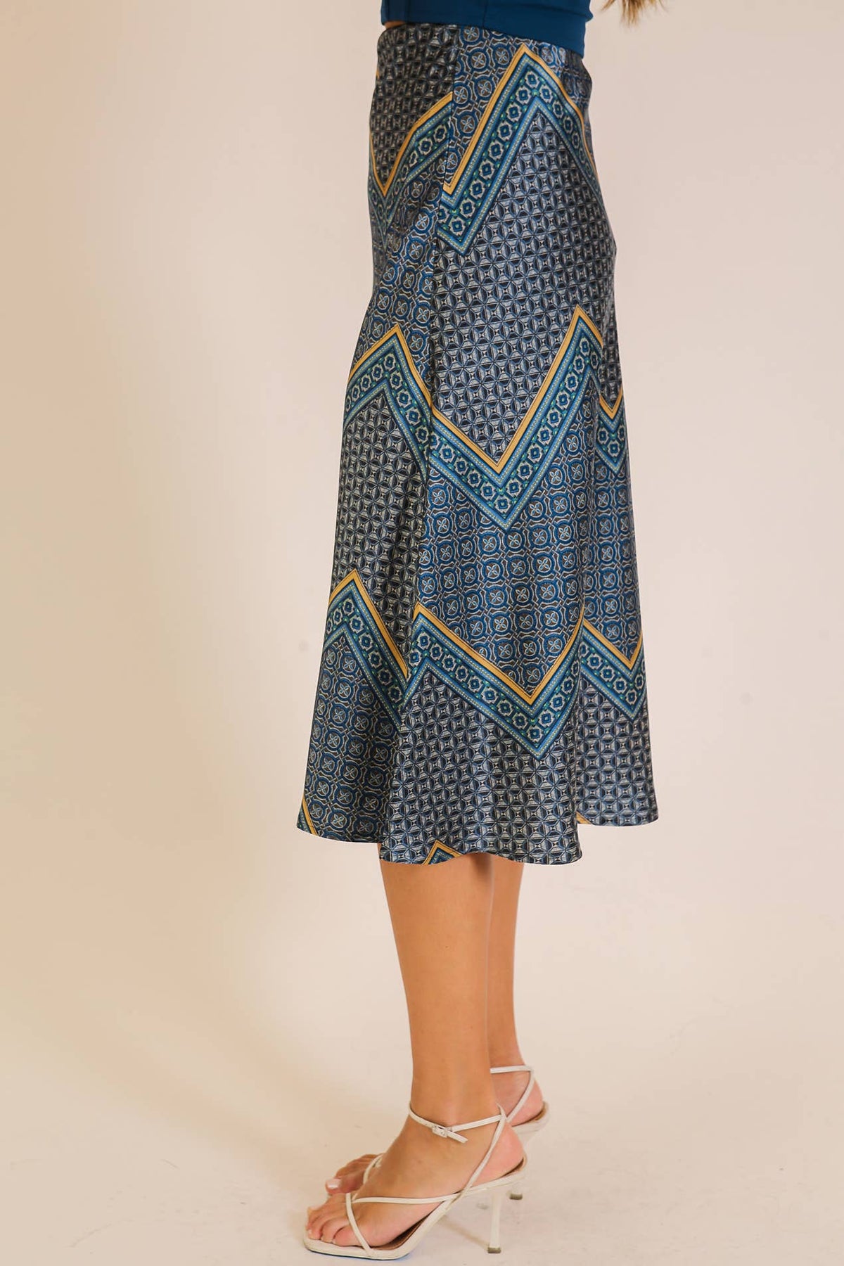 Geo Print Satin Midi Skirt