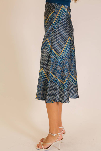 Geo Print Satin Midi Skirt