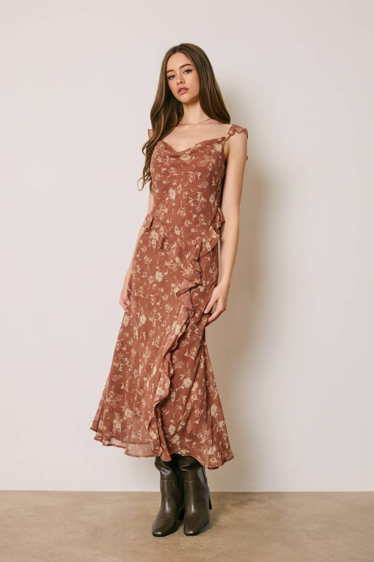 Floral Cowl Neck Ruffled Midi Dress