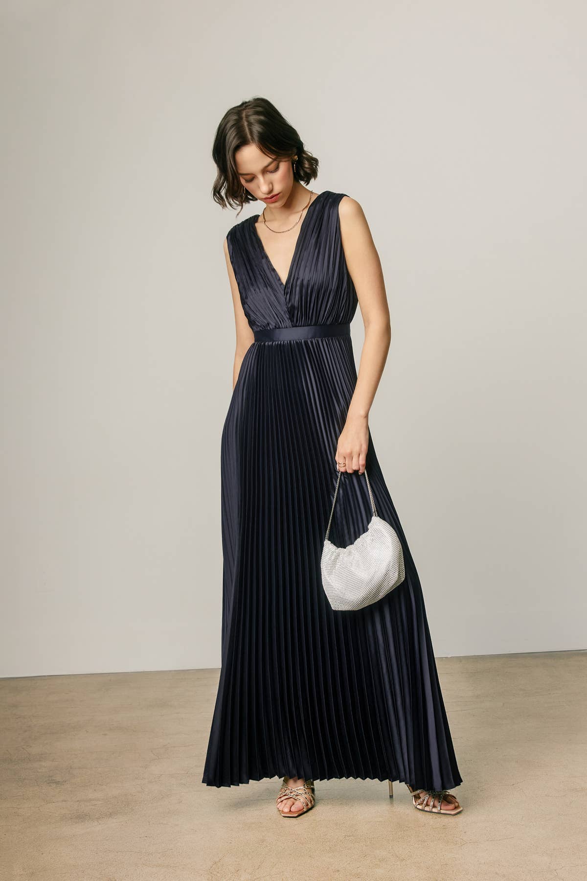 Pleated Satin V Neck Maxi Dress
