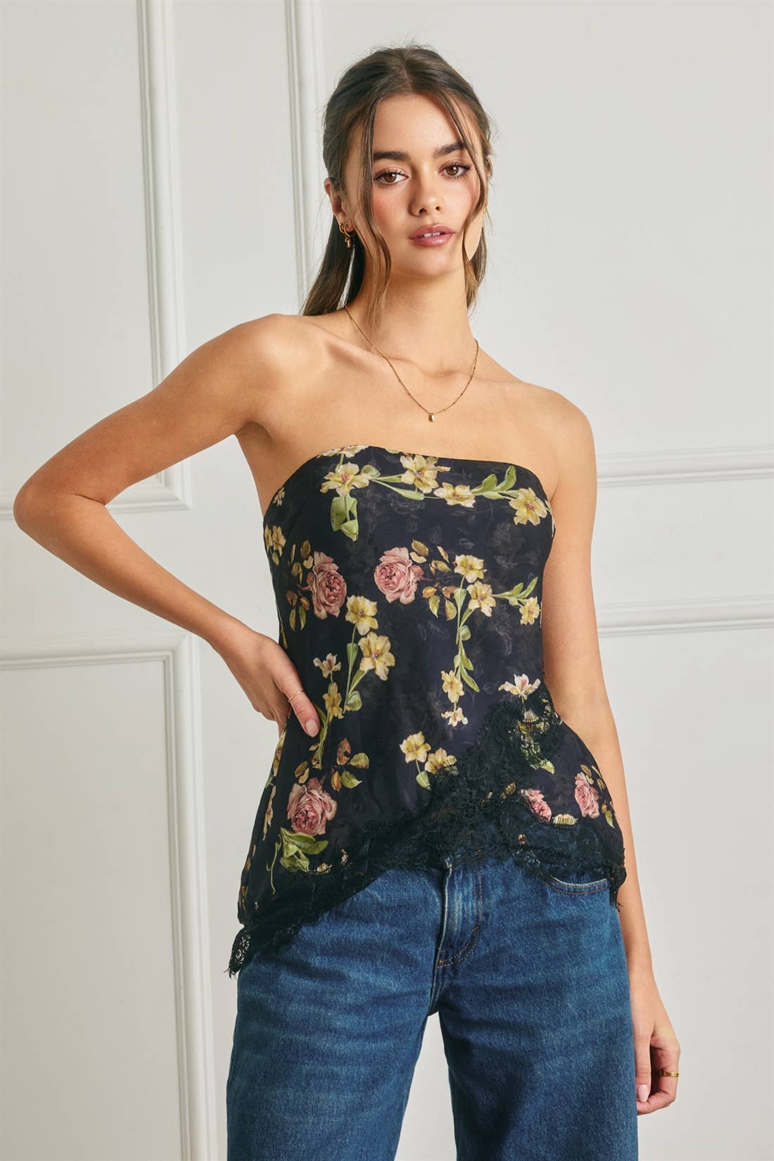 Floral Asymmetrical Lace Hem Tube Top