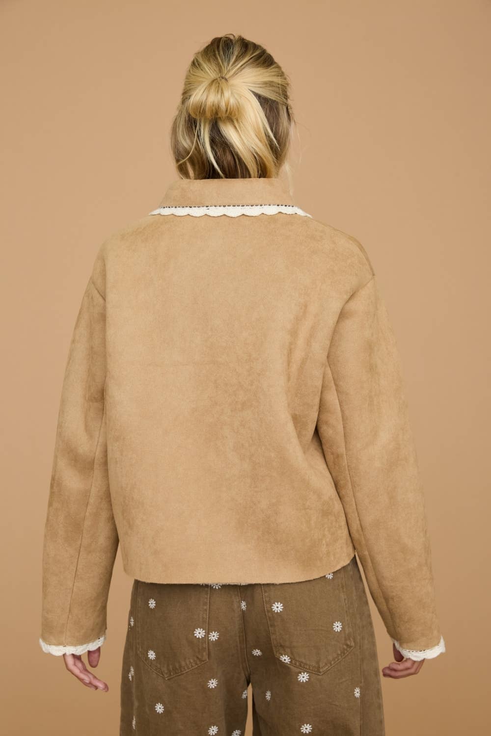 Lace Trim Faux Suede Sherpa Button Front Jacket