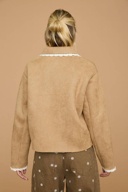 Lace Trim Faux Suede Sherpa Button Front Jacket