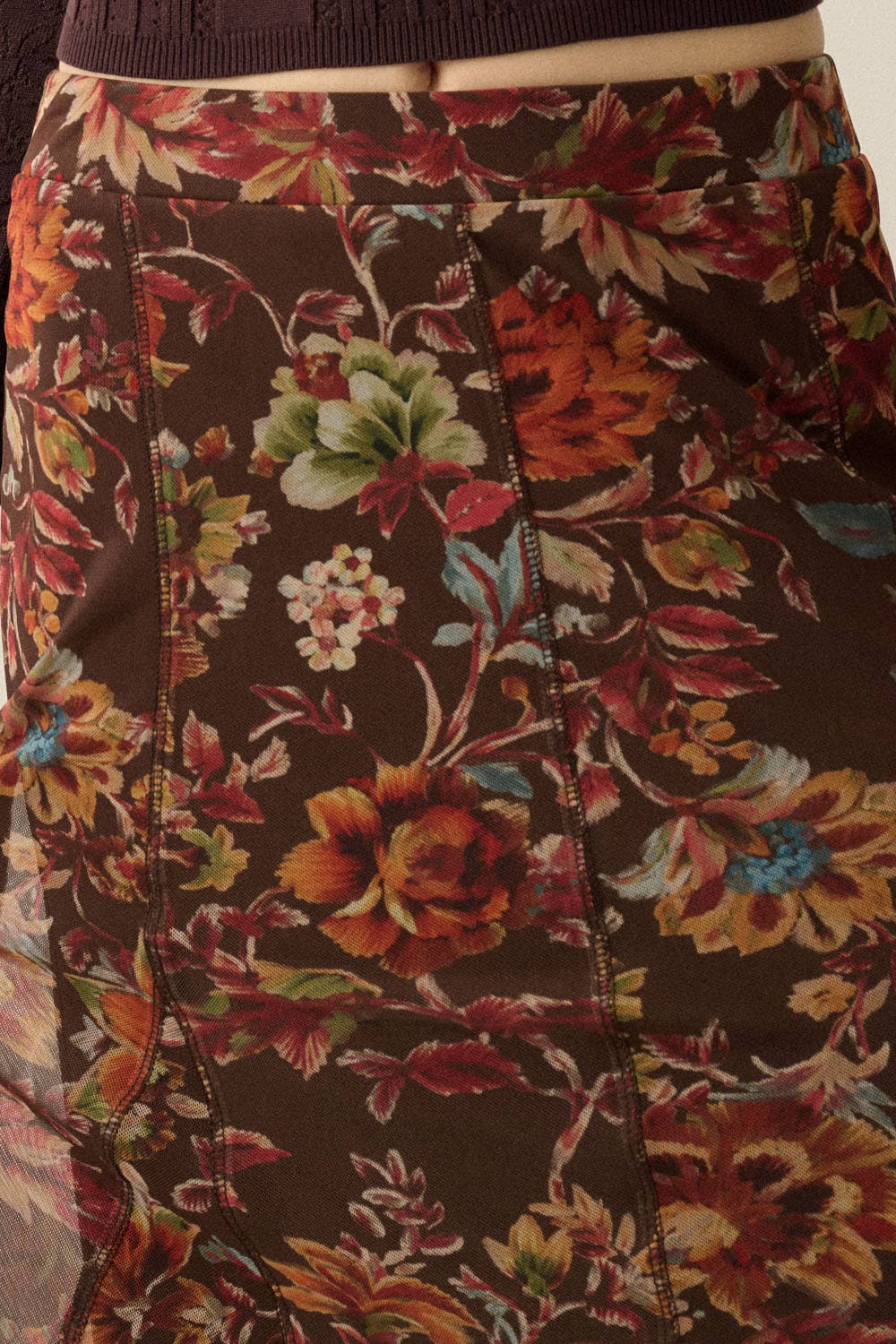 Floral-Print Mesh Godet-Pleat Elastic-Waist Maxi Skirt