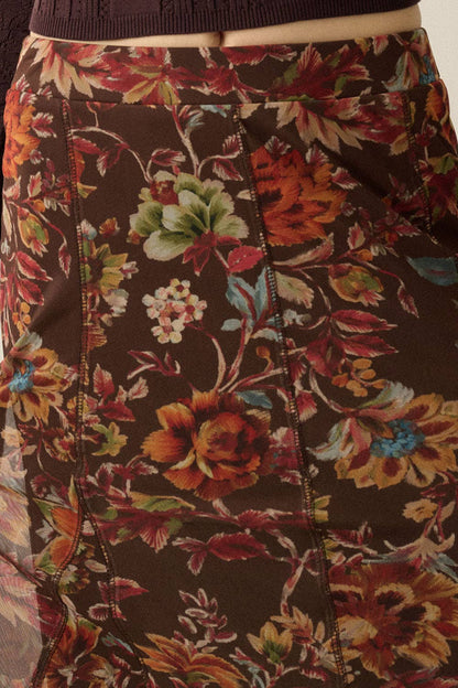 Floral-Print Mesh Godet-Pleat Elastic-Waist Maxi Skirt