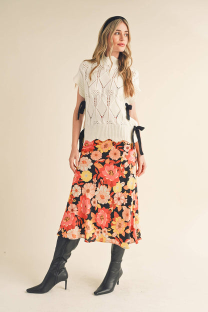 EXCLUSIVE PRINT SATIN FLORAL MIDI SLIP SKIRT MSK2645