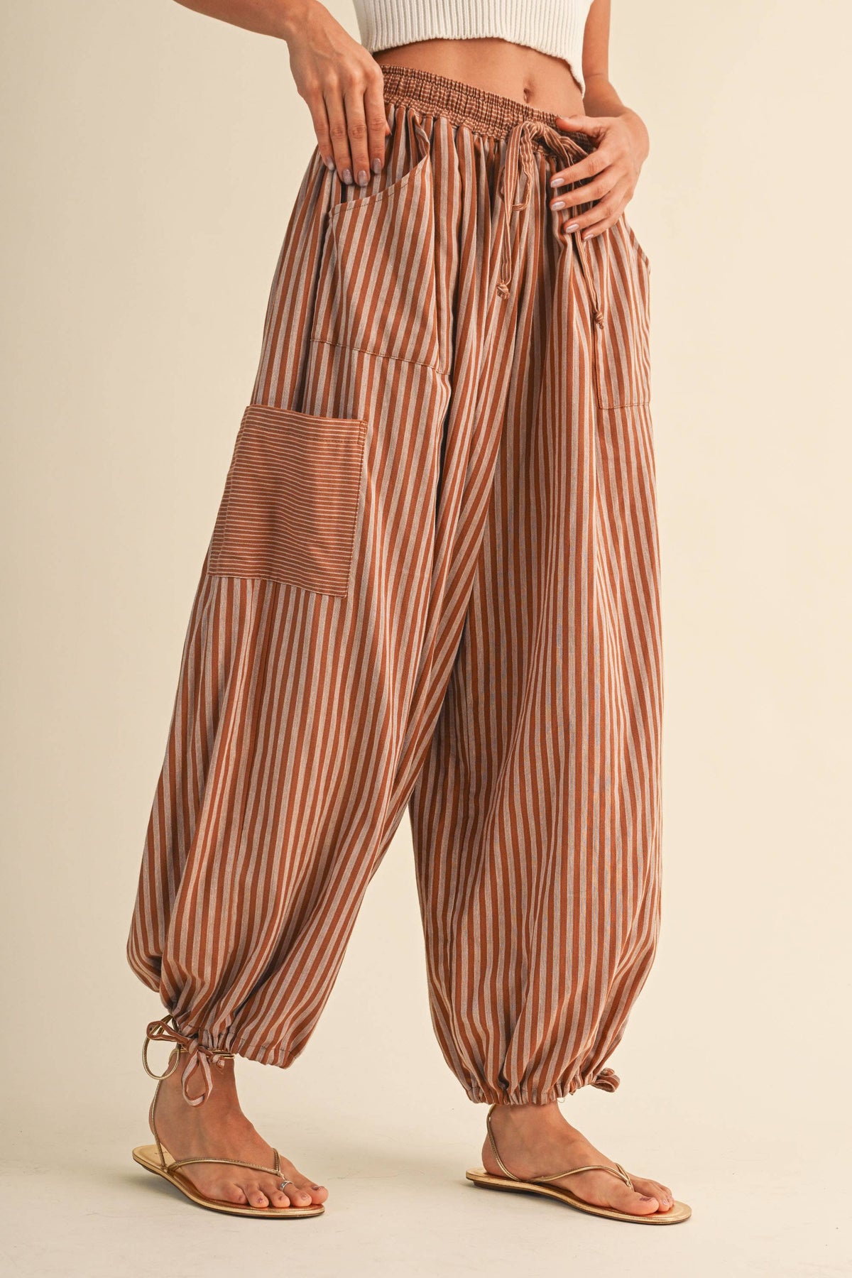 STRIPED DOUBLE GAUZE CONTRAST POCKET BALLOON PANTS