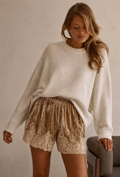 CRUSHED VELVET LACE TRIM SHORTS