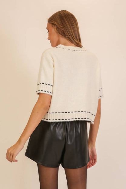 Contrast Stitch Soft Knit Short Sleeve Sweater