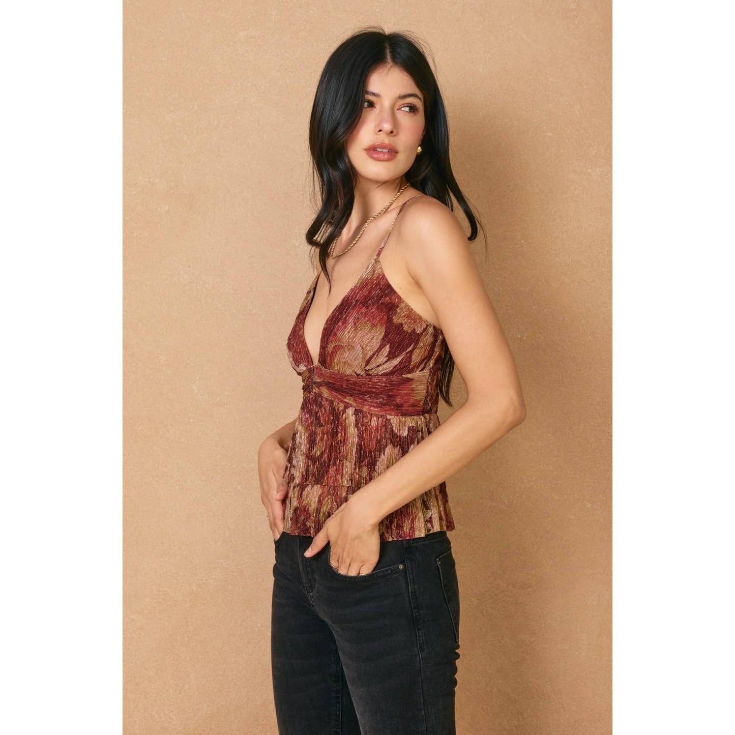 Night Rhythm Deep V-neck Pleated Top