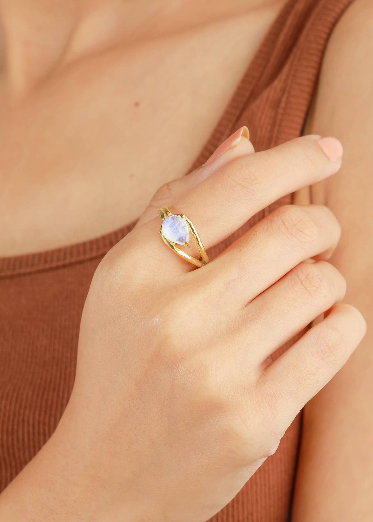 Gold Plated Moonstone Hammered Split-Shank Artisan Ring