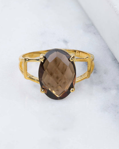Gold Plated 925 Silver Somky Quartz Solitaire Ring