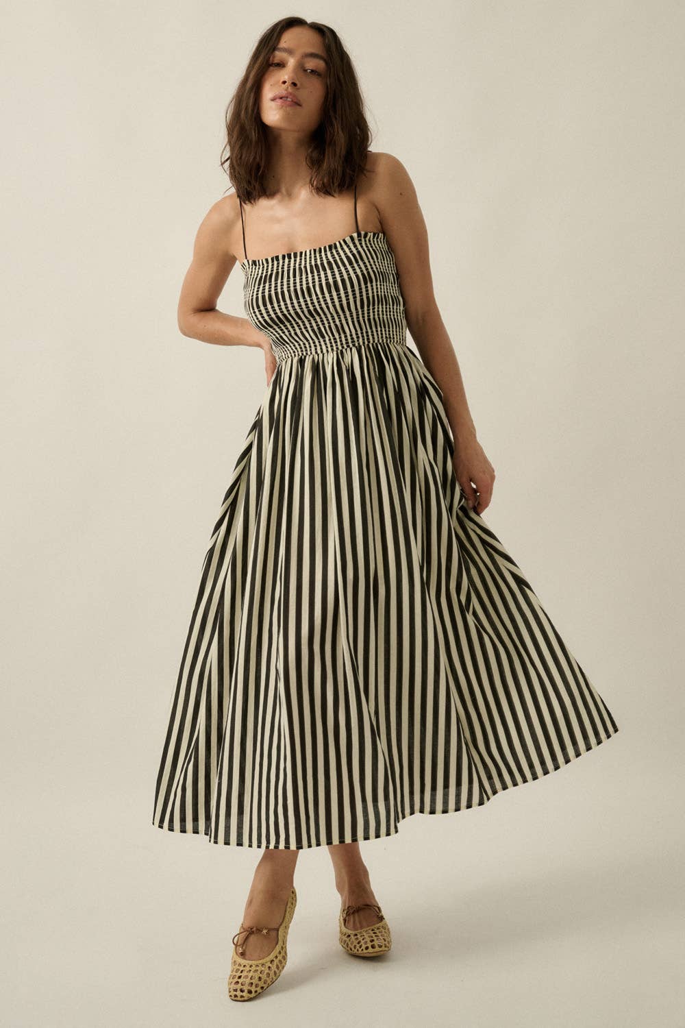 Striped Cotton-Blend Smocked Pocket Midi Dress