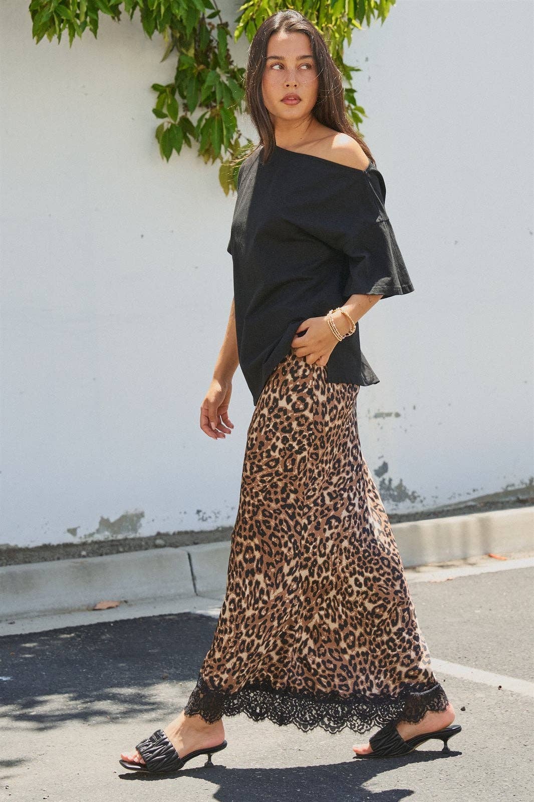 Leopard Print Satin Maxi Skirt with Lace Hem
