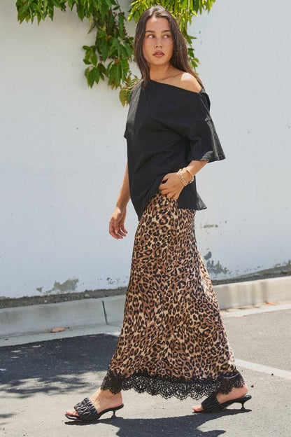 Leopard Print Satin Maxi Skirt with Lace Hem
