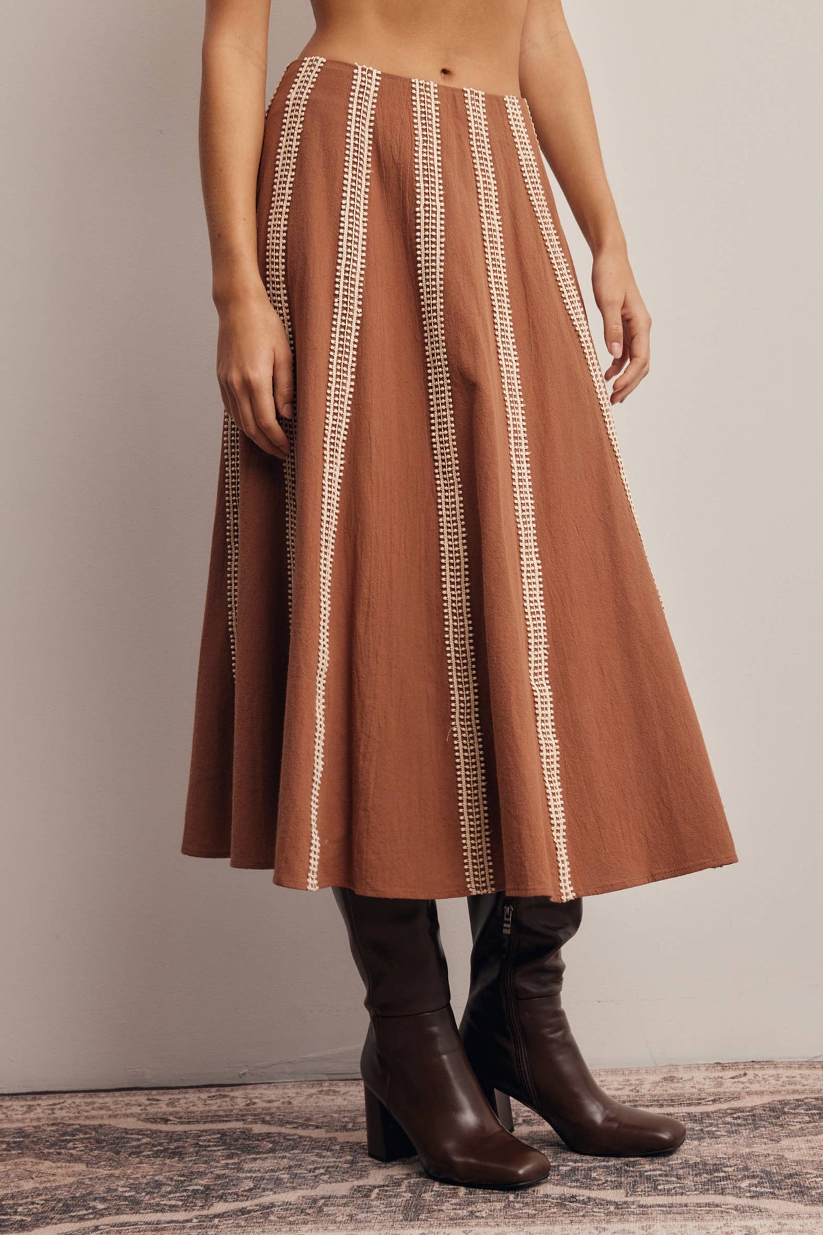 Embroidered Stripe Midi Skirt