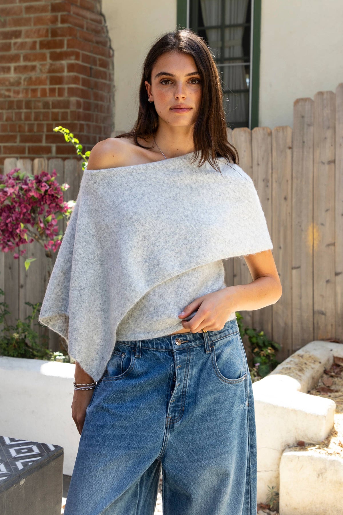 AINSLEY Off Shoulder Asymmetric Knit Poncho Sweater