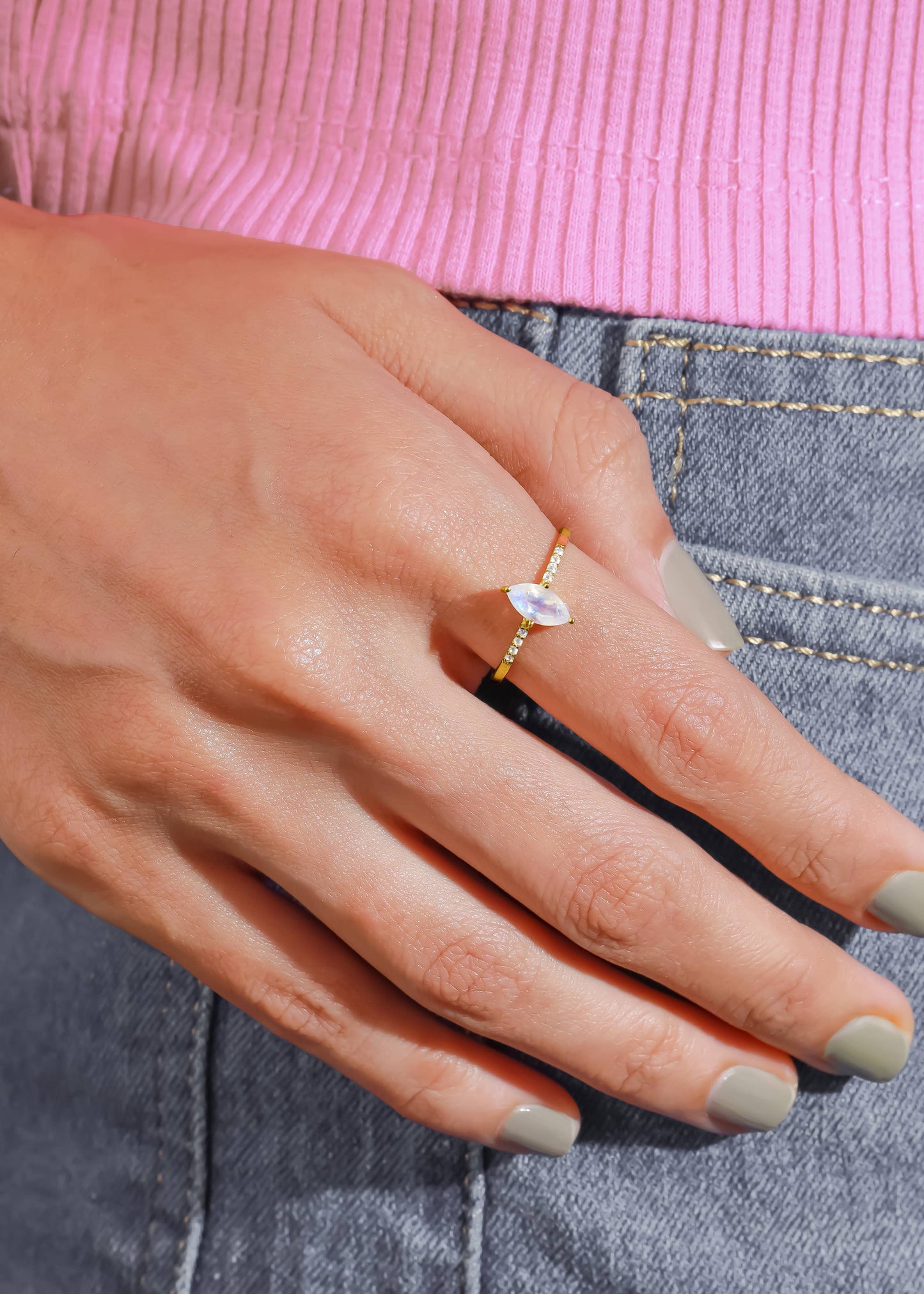 Gold Plated Silver Marquise Moonstone Ring with Accents