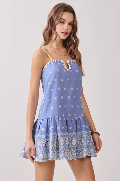 Contrast Straps Embroidered Detail Mini Dress