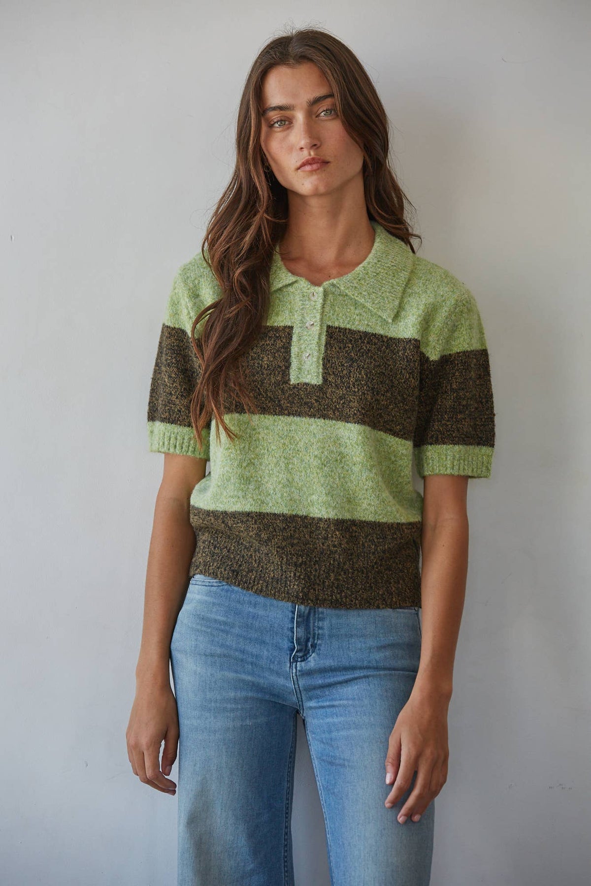 Knit Sweater Striped Half Button-down Short Sleeve