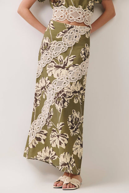 Floral Lace Trim Maxi Skirt