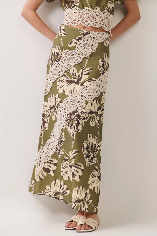 Floral Lace Trim Maxi Skirt