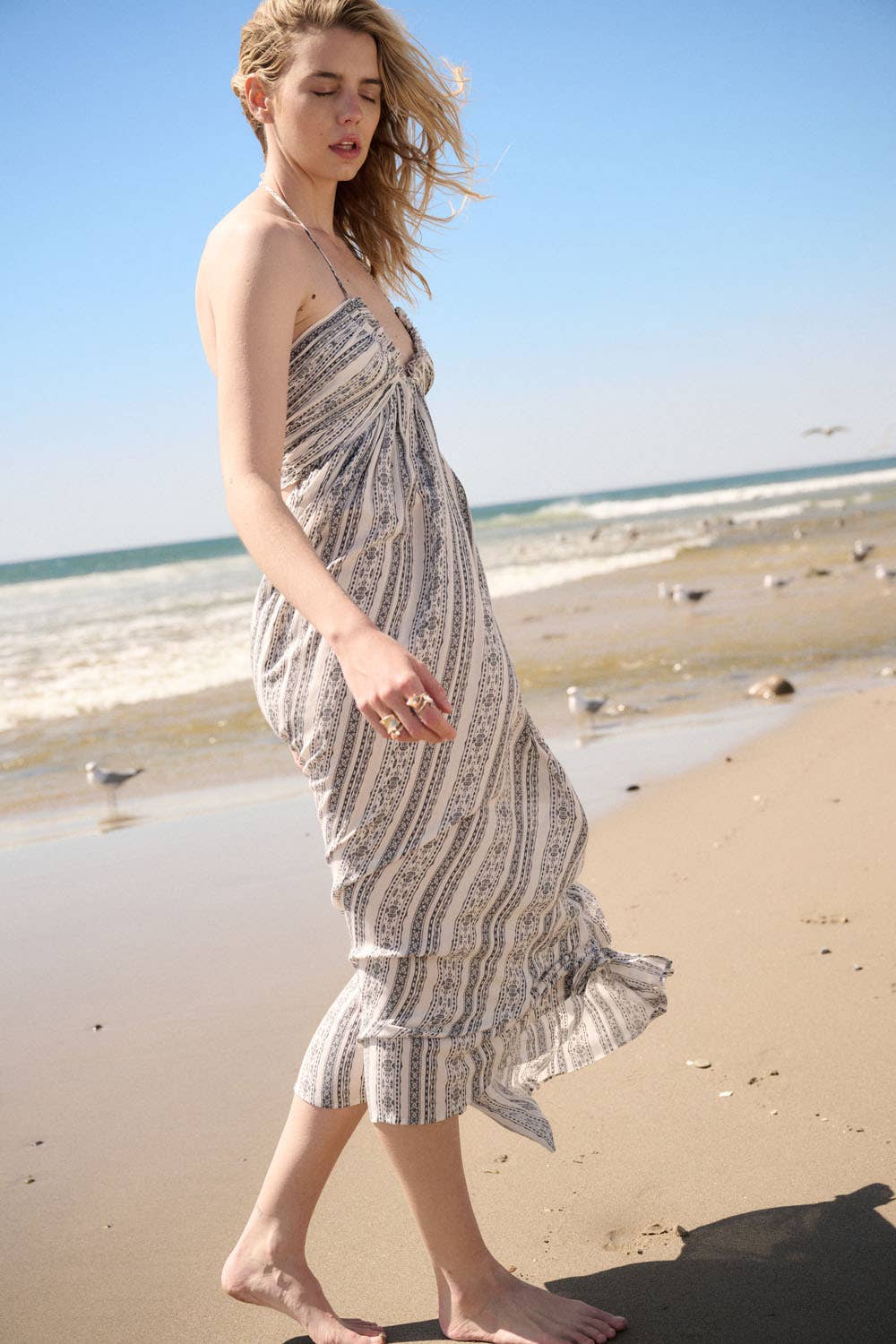 Aztec-Stripe Plunging Halter Maxi Dress