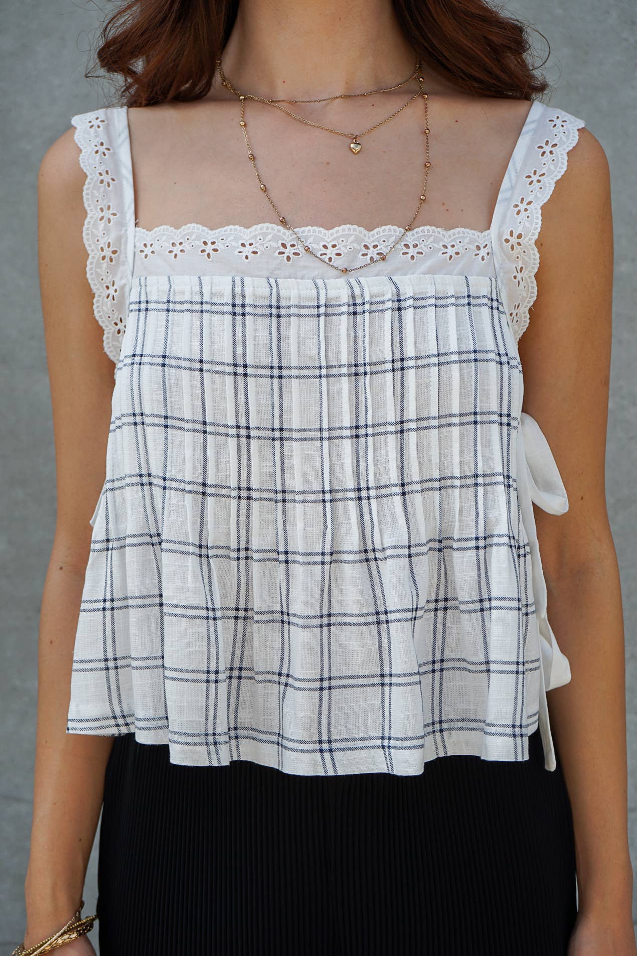 Plaid Lace Trim Side-Tie Crop Top