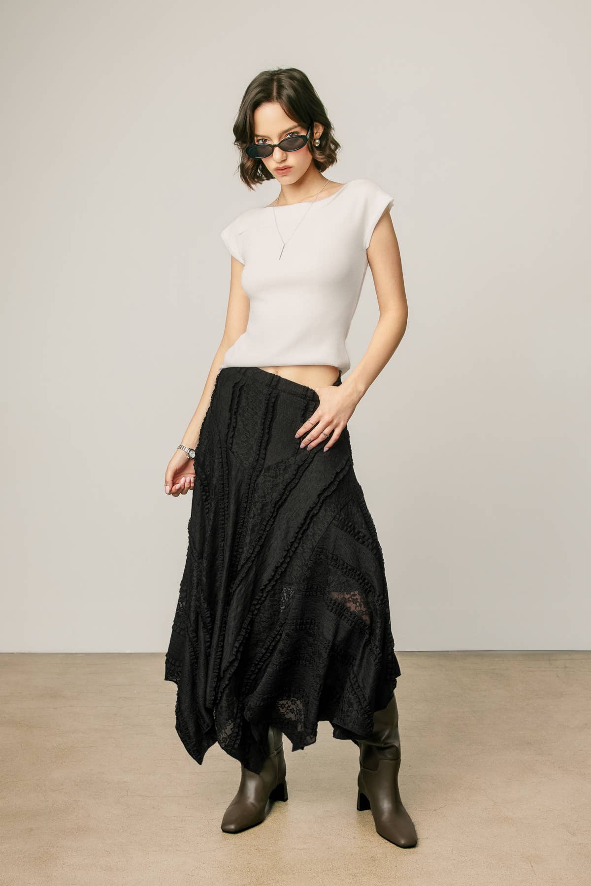 Asymmetrical Lace Panel Maxi Skirt