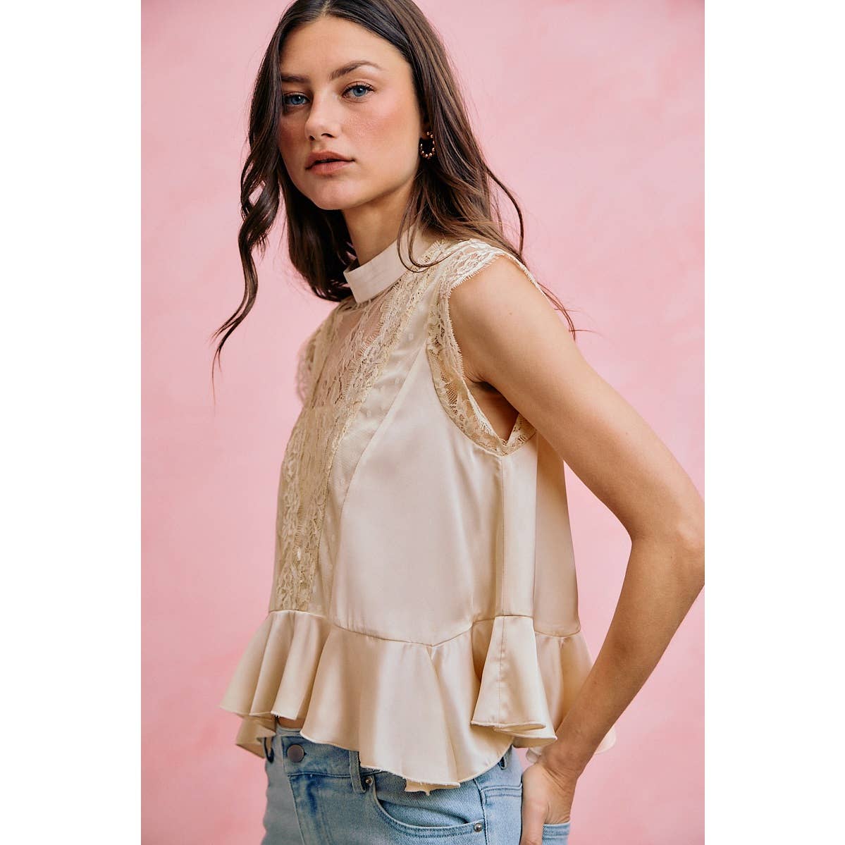 SATIN MOCK NECK LACE TRIM PEPLUM BLOUSE TOP