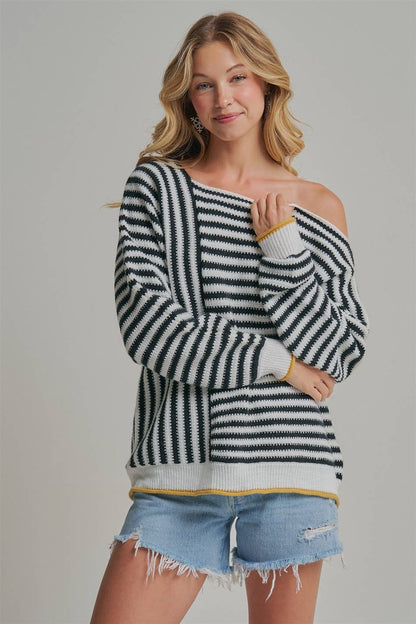 OVERSIZED STRIPE OFF SHOULDER SWEATER TOP