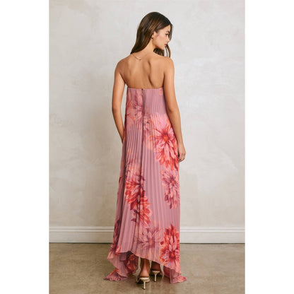 Floral Strapless Pleated Maxi Column Dress