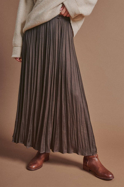 Washed Satin Crinkle Pleated Maxi Skirt