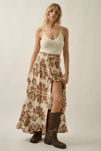 Ornate Floral-Print Button-Front Drawstring Maxi Skirt